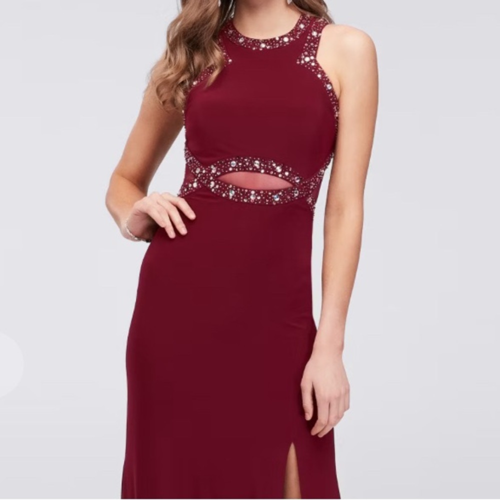 jersey beaded illusion sheath dress